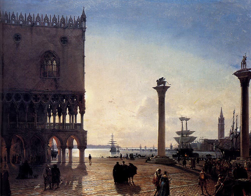 Piazza San Marco by  Moonlight, vintage artwork by Frederich Nerly the Younger, 12x8" (A4) Poster