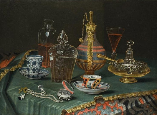 Still Life with Crystal and Porcelain cups and a Clock, vintage artwork by Christian Berentz, 12x8" (A4) Poster