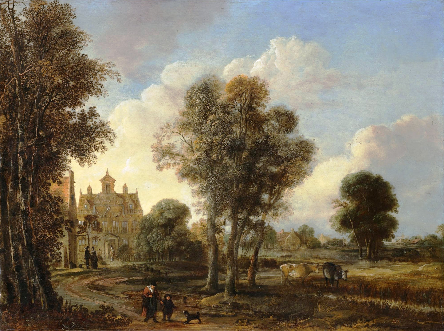 A landscape with figures on a path near a country house, vintage artwork by Aert van der Neer, 12x8" (A4) Poster
