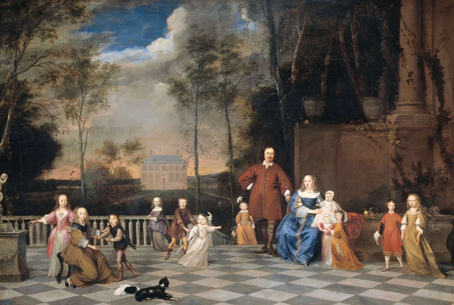 The Amsterdam Merchant Jeremias van Collen (1619-1707) with his Wife and their Twelve Children, vintage artwork by Attributed to Pieter van Anraedt, 12x8" (A4) Poster