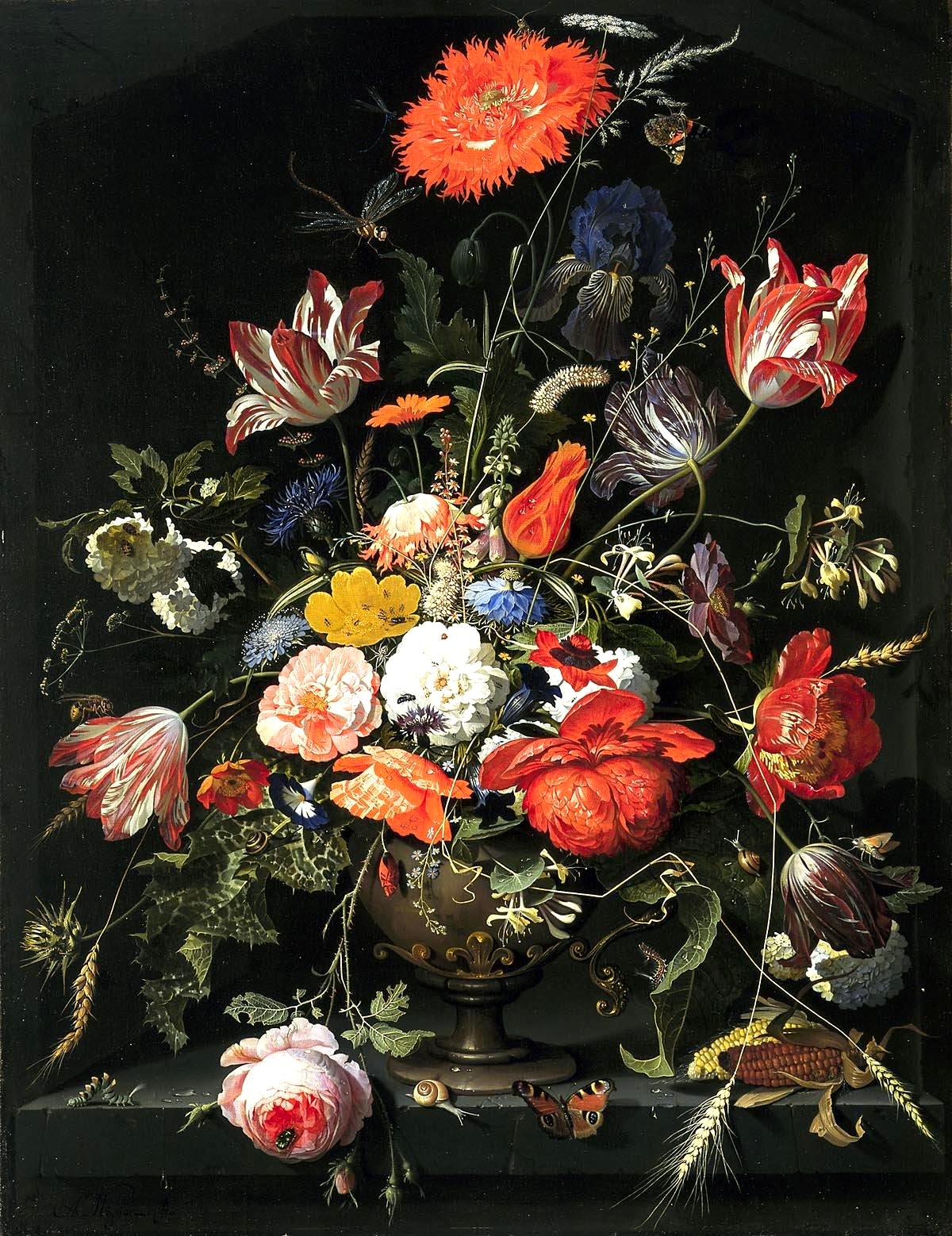 Flowers in a metal vase in a niche, vintage artwork by Abraham Mignon, 12x8" (A4) Poster