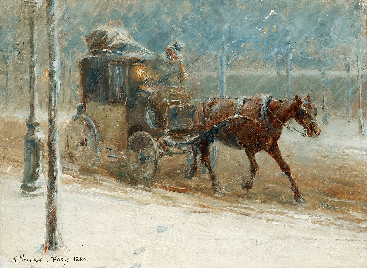 Boulevard winter scene with horse-drawn carriage, vintage artwork by Nils Kreuger, 12x8" (A4) Poster