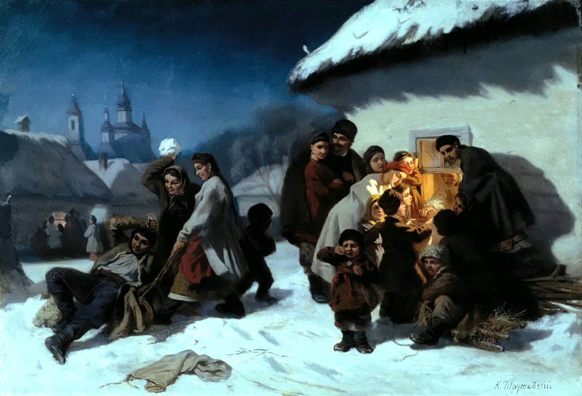 Christmas Celebrations in Ukraine, vintage artwork by Konstantin Trutovsky, 12x8" (A4) Poster