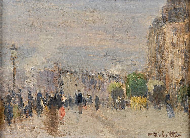 Busy Street in Rouen, vintage artwork by Joseph Delattre, 12x8" (A4) Poster