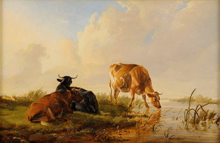 Cattle Grazing on the Riverbank, vintage artwork by Thomas Sidney Cooper, A3 (16x12