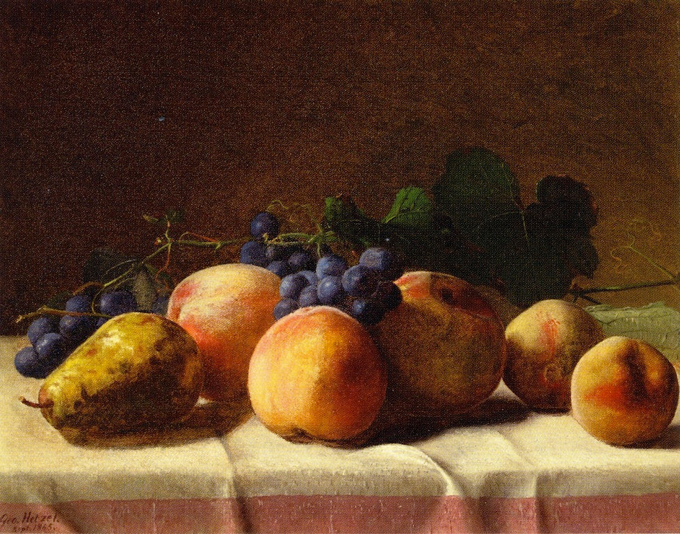 Grapes, Peaches and Pear on a Table, vintage artwork by George Hetzel, 12x8" (A4) Poster