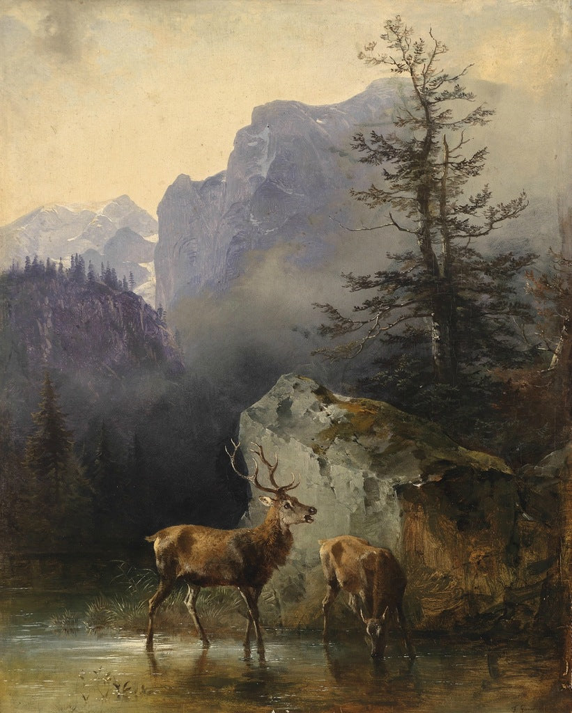 Red Deer at the Watering Place, vintage artwork by Friedrich Gauermann, A3 (16x12") Poster Print