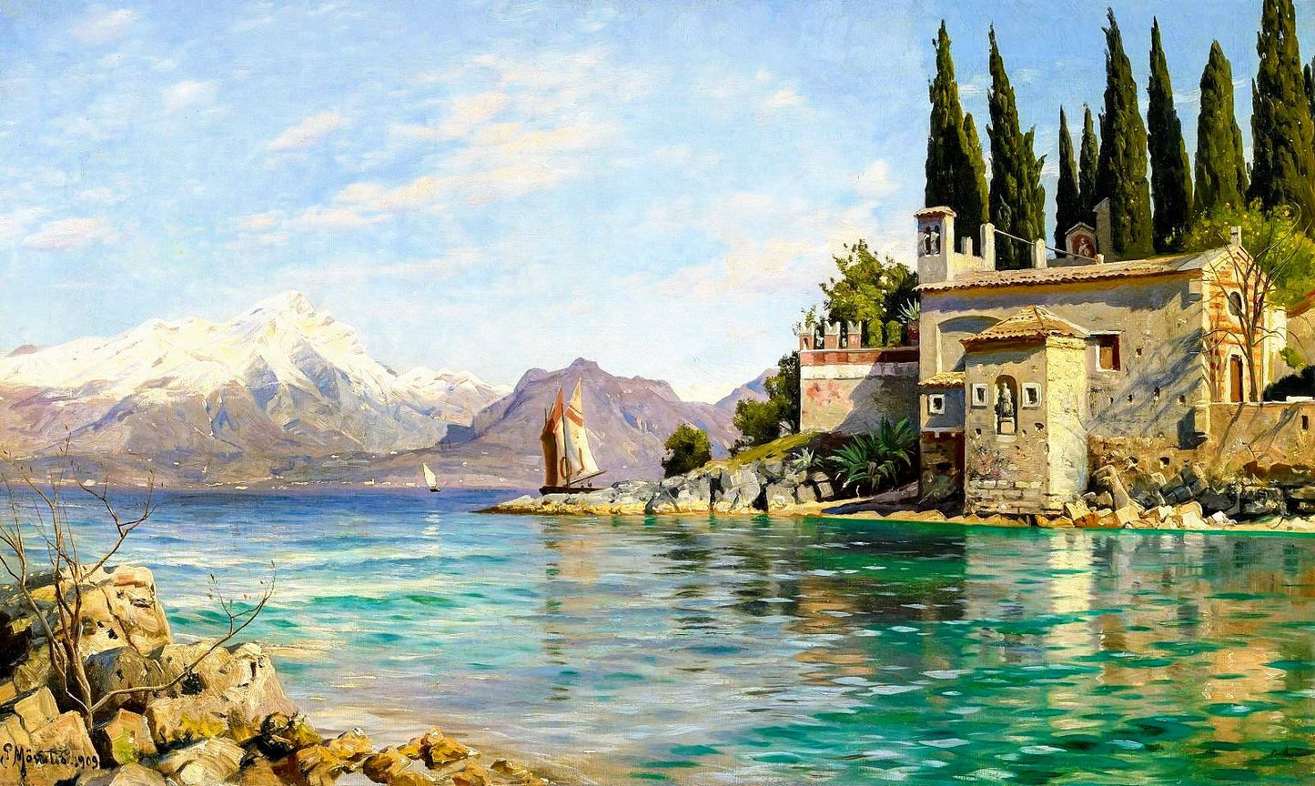 First Spring at Punta San Vigilio at the Lake Garda, vintage artwork by Peder Mork Mønsted, 12x8" (A4) Poster