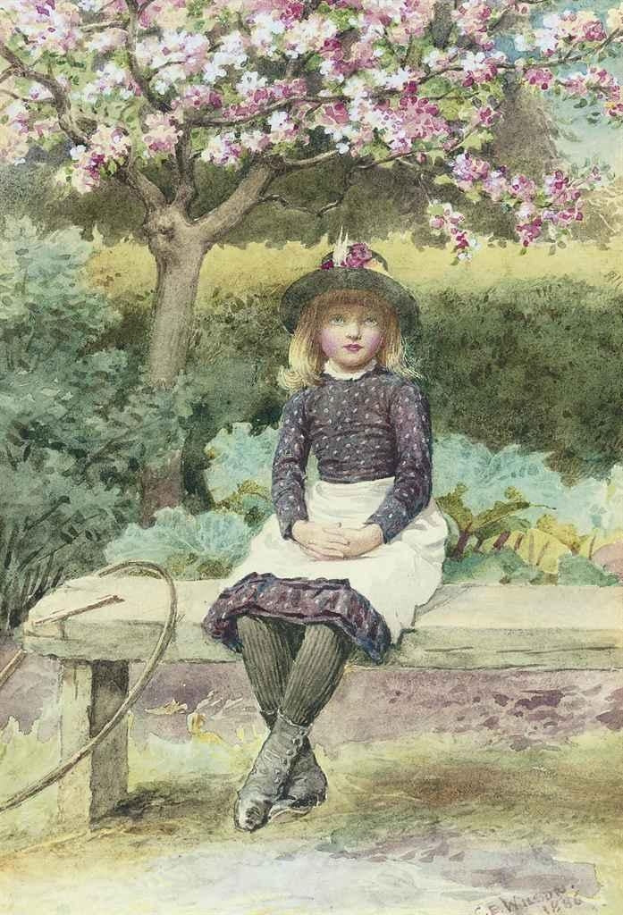 Young Girl with Hoop and Stick, Seated on a Bench un an Apple Tree in Blossom, vintage artwork by Charles Edward Wilson, 12x8" (A4) Poster