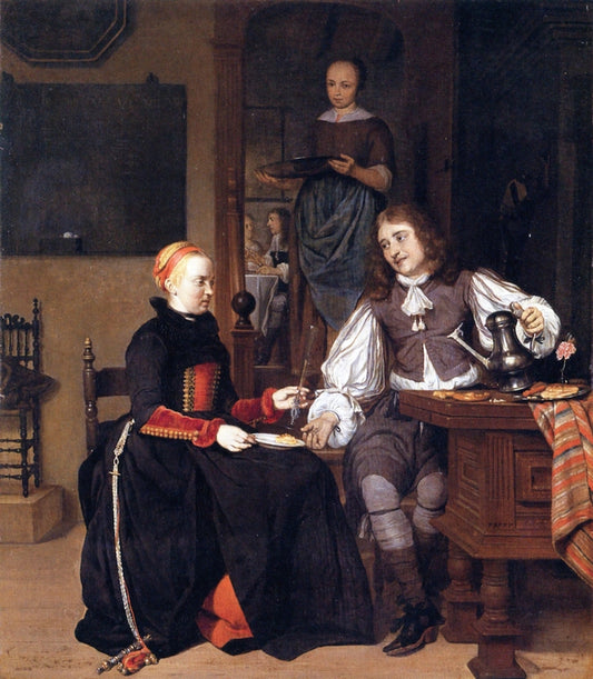 A Man Offering a Glass of Wine to a Woman, vintage artwork by Gabriël Metsu, 12x8" (A4) Poster