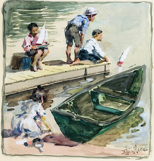 Children with Pond Boats, vintage artwork by Francis Luis Mora, 12x8" (A4) Poster