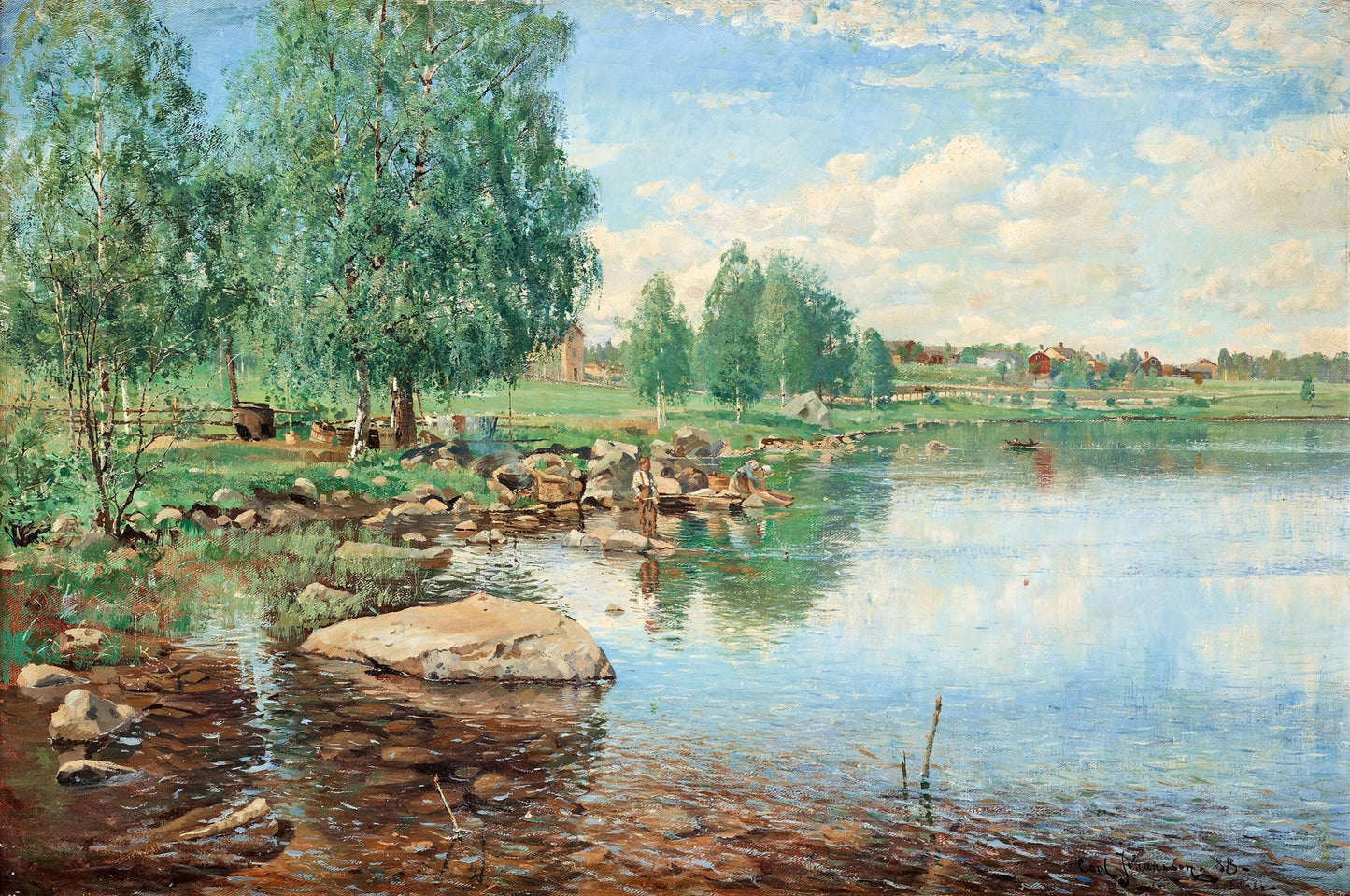 Landscape with Angling Boy, vintage artwork by Carl Johansson, 12x8" (A4) Poster