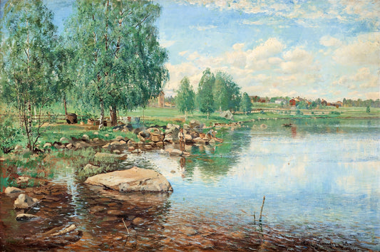 Landscape with Angling Boy, vintage artwork by Carl Johansson, 12x8" (A4) Poster
