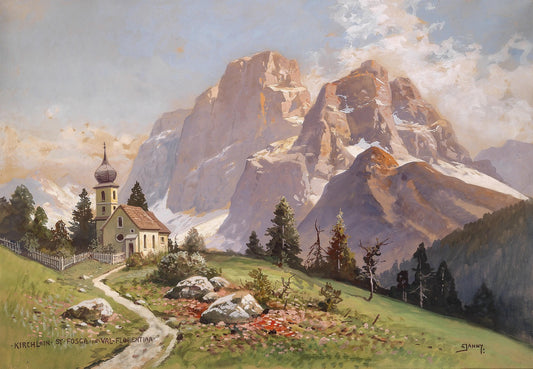 Church St. Fosca in Florentine Valley, vintage artwork by Georg Janny, 12x8" (A4) Poster