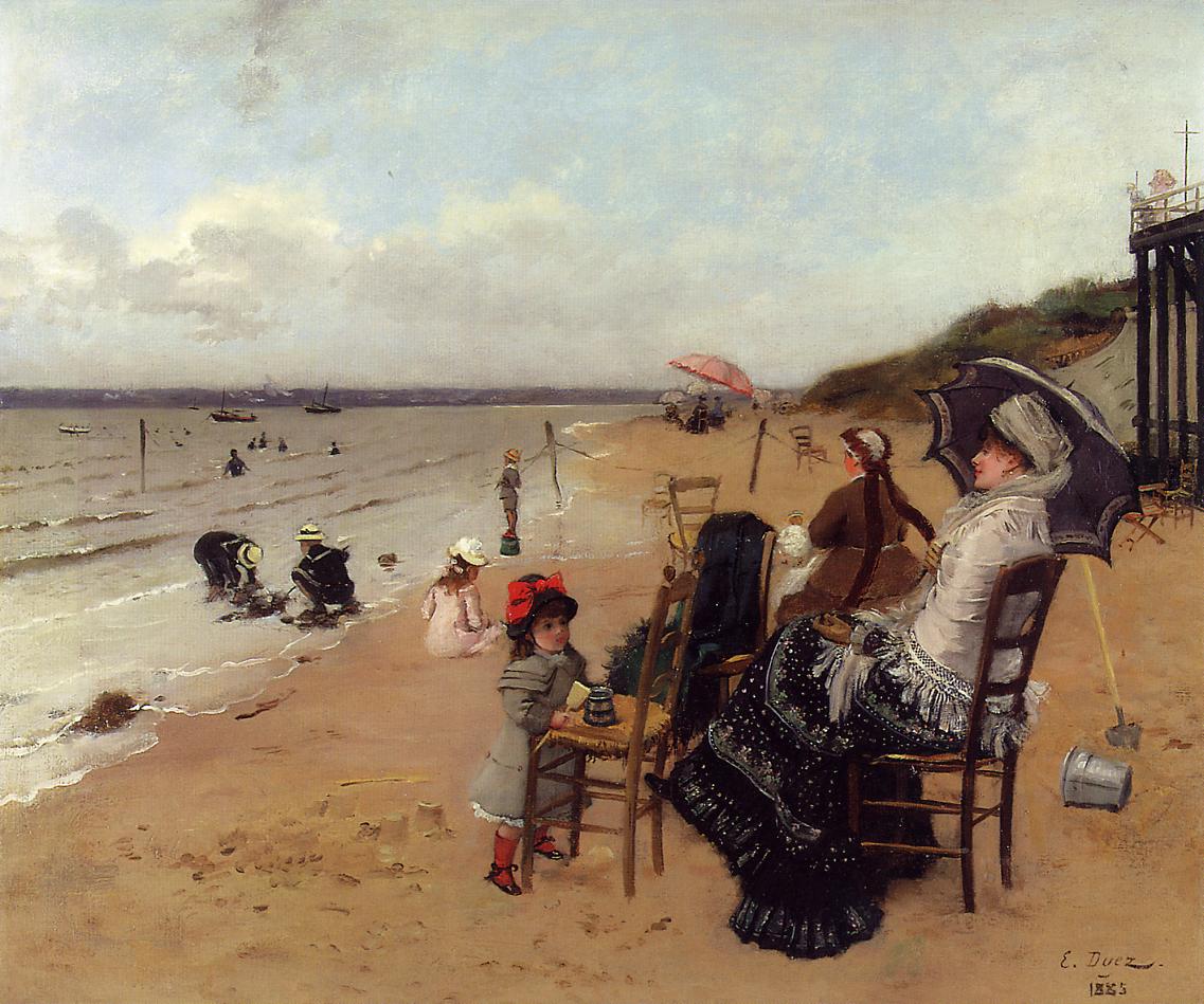 Mother and Daughter on the Beach, vintage artwork by Ernst-Ange Duez, 12x8" (A4) Poster