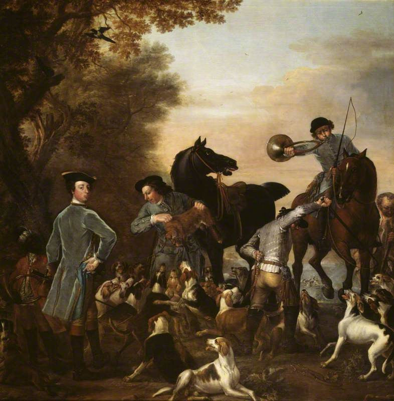 Viscount Weymouth's Hunt: Thomas, 2nd Viscount Weymouth, with a Black Page and other Huntsmen, vintage artwork by John Wootton, 12x8" (A4) Poster