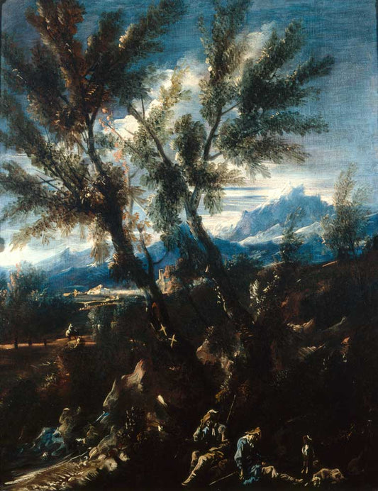 Landscape with Pilgrims, vintage artwork by Alessandro Magnasco, 12x8" (A4) Poster
