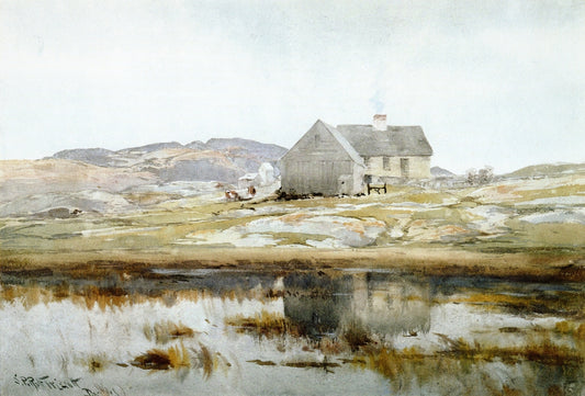 The Pink House, Monhegan Village, December, vintage artwork by Samuel P. R. Triscott, 12x8" (A4) Poster