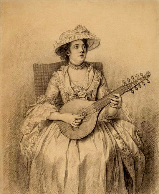 Portrait of a woman with a Citern, vintage artwork by Sir Nathaniel Dance-Holland, 12x8" (A4) Poster