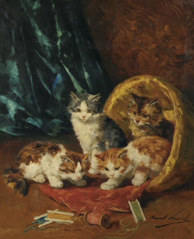 kittens in the sewing basket by Alfred Brunel de Neuville,A3(16x12")Poster