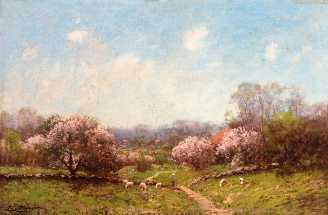 Landscape with Apple Blossoms, Figure and Sheep, vintage artwork by Julian Onderdonk, 12x8" (A4) Poster