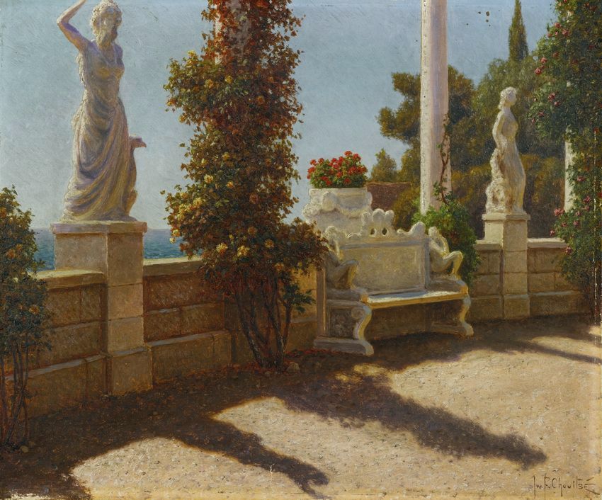 Terrace by  the Sea, vintage artwork by Ivan Fedorovich Choultse, 12x8" (A4) Poster