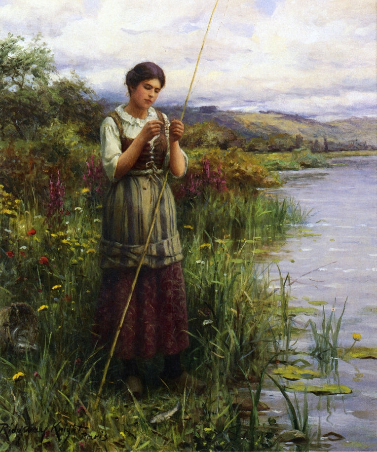 Baiting the Hook, vintage artwork by Daniel Ridgway Knight, 12x8" (A4) Poster