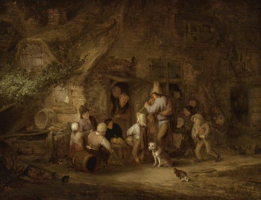 A Man Playing the Shawm at a Rustic Cottage Door, vintage artwork by Adriaen van Ostade, 12x8" (A4) Poster