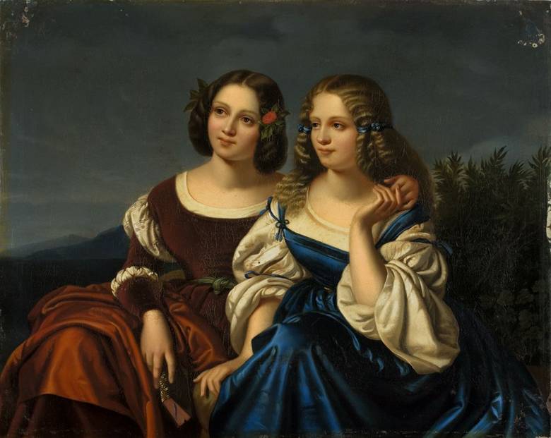 Two Young Ladies in a Landscape, vintage artwork by Carl Joseph Begas, A3 (16x12") Poster Print