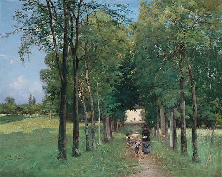 Mother and Children in the Country, vintage artwork by Alfred Aloysius Smith, 12x8" (A4) Poster