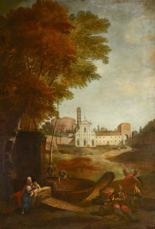 A View of the Forum with the Colosseum, Santa Francesca Romana, and the Arch of Titus, vintage artwork by Attributed to Paolo Anesi, 12x8" (A4) Poster