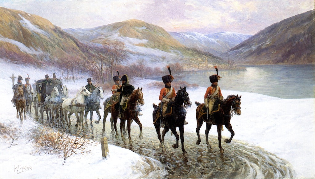Russian Troops in a Winter Landscape, vintage artwork by Jan Chełmiński, 12x8" (A4) Poster
