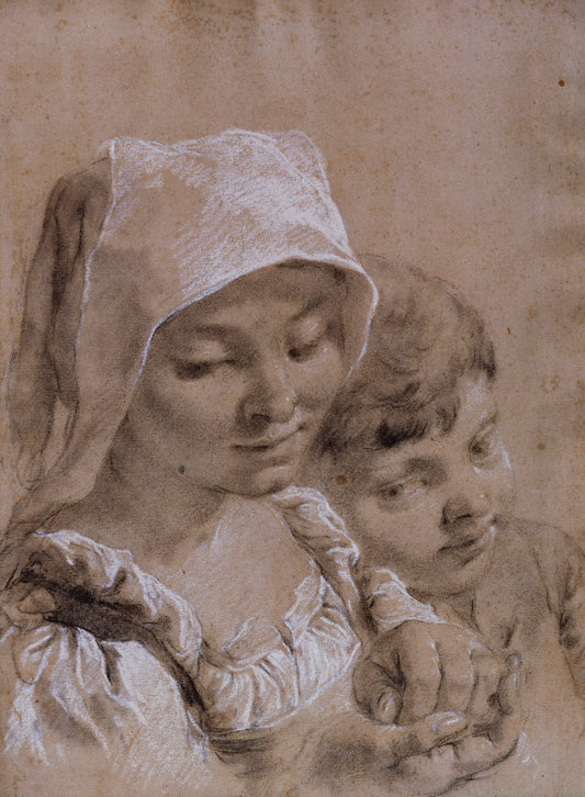 Head of a Boy and Girl in White Peasant's Cap, vintage artwork by Giovanni Battista Piazzetta, 12x8" (A4) Poster
