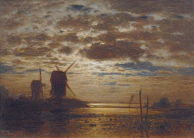 Windmill in Moonlight, vintage artwork by Louis Douzette, 12x8" (A4) Poster