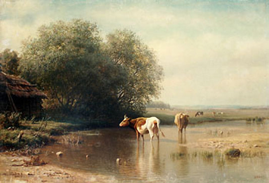 Watering Cows, vintage artwork by Mikhail Konstantinovich Klodt, 12x8" (A4) Poster