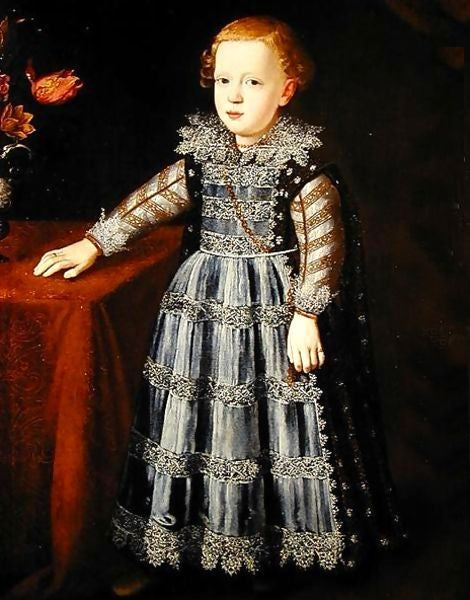 Portrait of a Child Standing by  a Table, vintage artwork by Justus Sustermans, 12x8" (A4) Poster