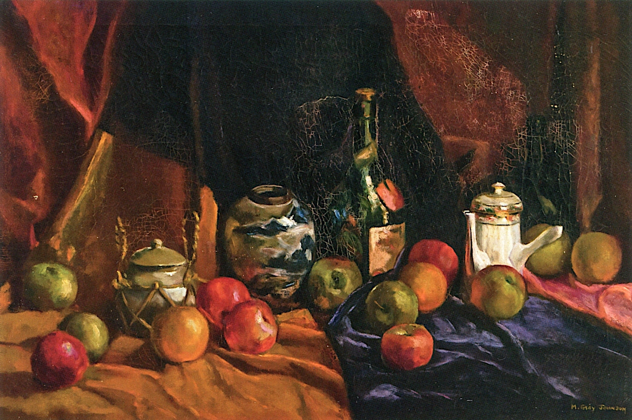 Still Life with Fruit and Teapot, vintage artwork by Malvin Johnson, 12x8" (A4) Poster