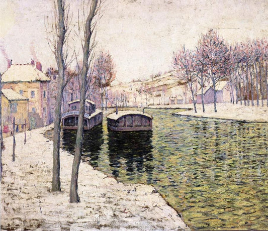Barges on the Seine, vintage artwork by Ernest Lawson, 12x8" (A4) Poster