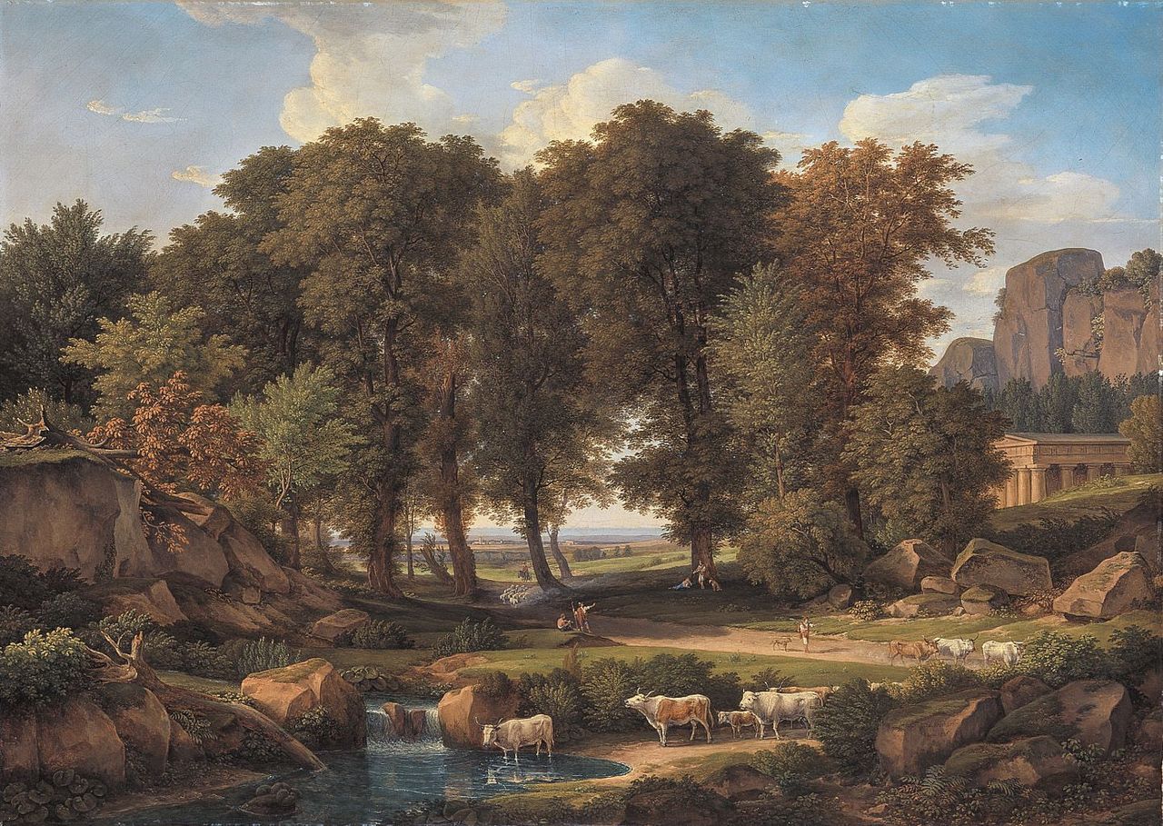 Landscape with Trees and Cows at a Pool, vintage artwork by Johann Christian Reinhart, 12x8" (A4) Poster