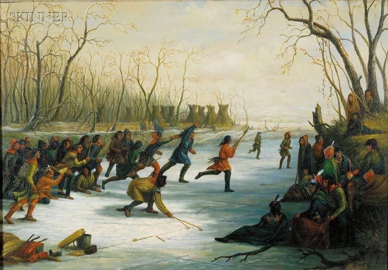 Ball Play of the Sioux on the St. Peters River in Winter, vintage artwork by Seth Eastman, A3 (16x12") Poster Print