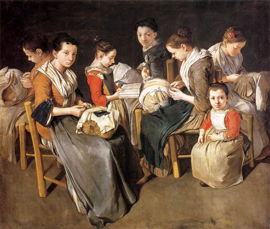 Women Working on Pillow Lace, vintage artwork by Giacomo Ceruti, 12x8" (A4) Poster