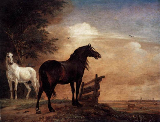 Two Horses near a Gate in the Meadow, vintage artwork by Paulus Potter, 12x8" (A4) Poster