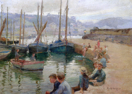 Boys on the Harbour Wall, Penzance, vintage artwork by Harold Charles Francis Harvey, 12x8" (A4) Poster