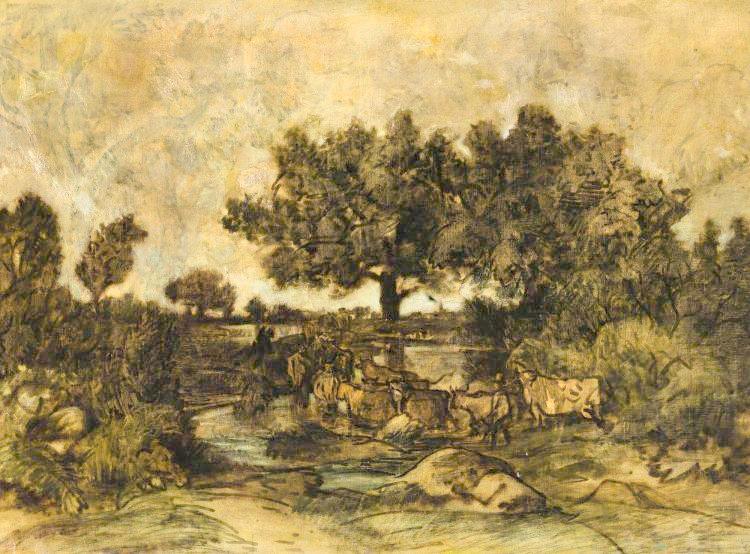 Cows by  the Pond at Berry, vintage artwork by Theodore Rousseau, A3 (16x12") Poster Print