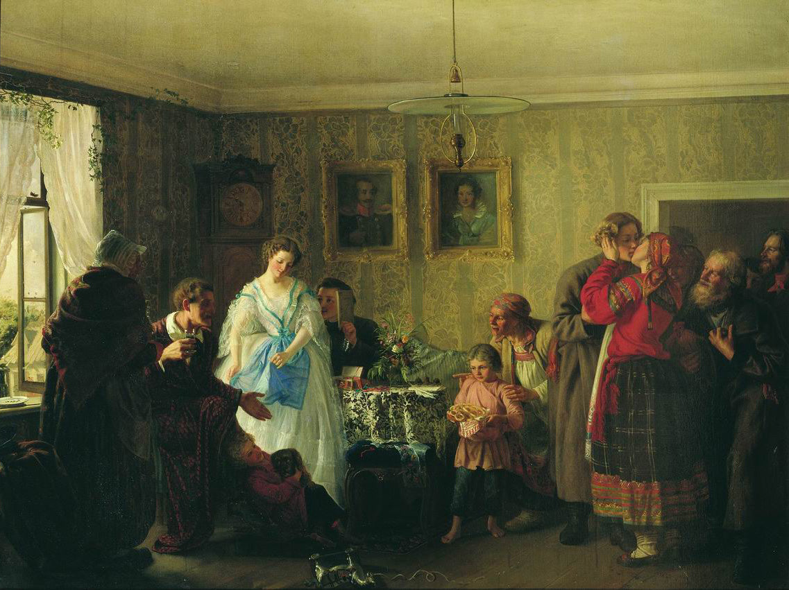 Congratulating the Newlyweds at the Landowner's House, vintage artwork by Grigory Myasoedov, 12x8" (A4) Poster