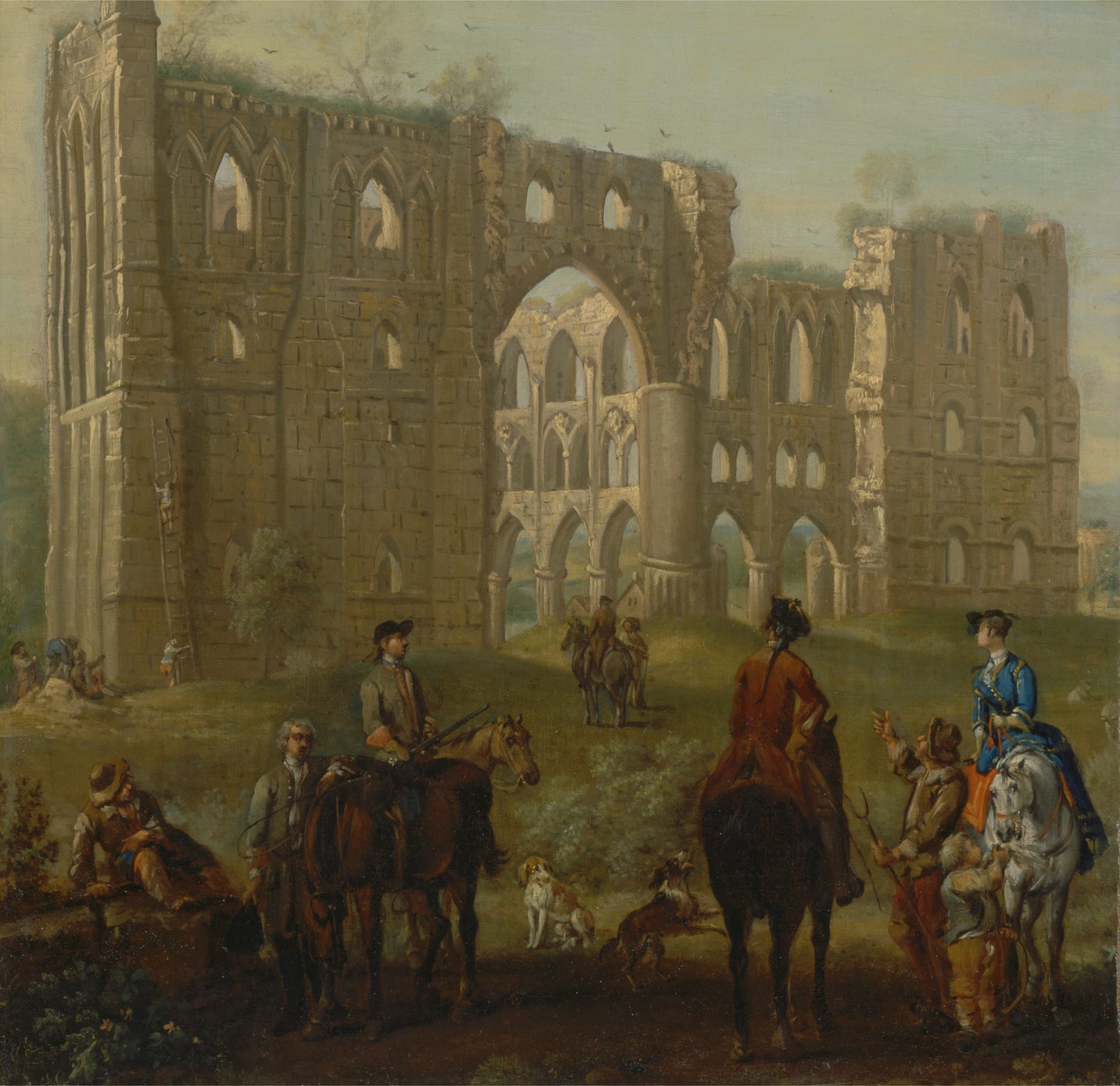 Riders Pausing by  the Ruins of Rievaulx Abbey, vintage artwork by John Wootton, 12x8" (A4) Poster