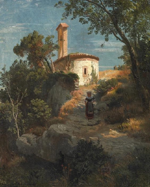 Italian Landscape with Chapel, vintage artwork by Oswald Achenbach, 12x8" (A4) Poster