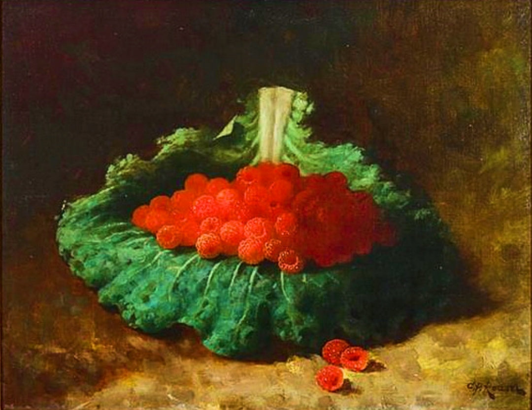 Raspberries On A Green Cabbage Leaf, vintage artwork by Carducius Plantagenet Ream, 12x8" (A4) Poster