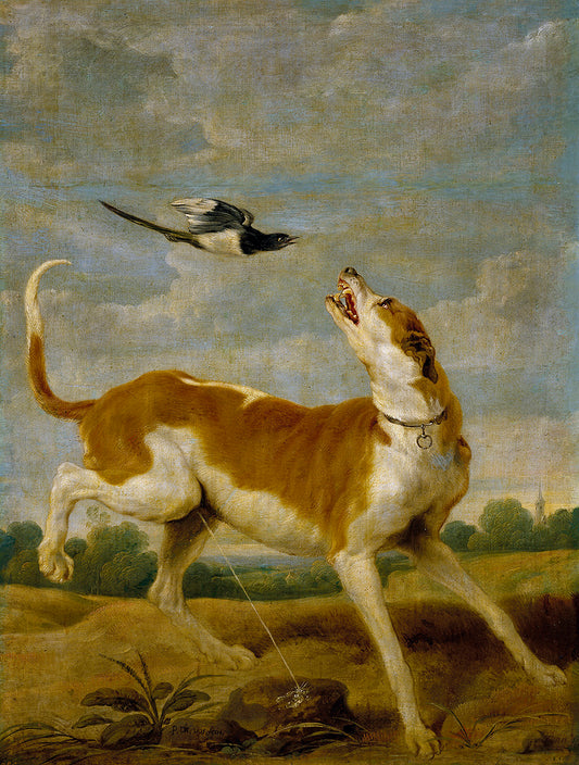 The Dog and Magpie, vintage artwork by Paul de Vos, 12x8" (A4) Poster