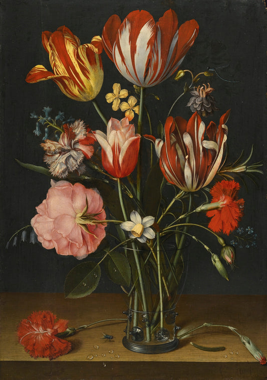 Still life of tulips, carnations, a rose and other flowers in a glass beaker  on a wooded ledge, vintage artwork by Jacob van Hulsdonck, 12x8" (A4) Poster